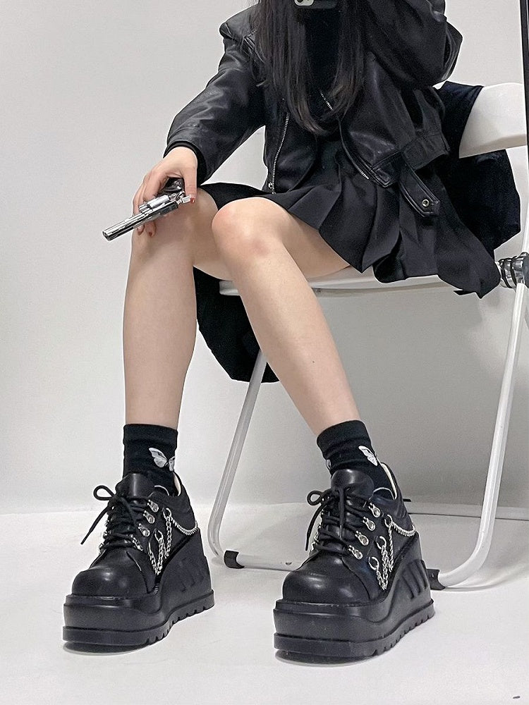Punk Studs Black Wedge Platforms with Chains