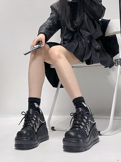 Punk Studs Black Wedge Platforms with Chains