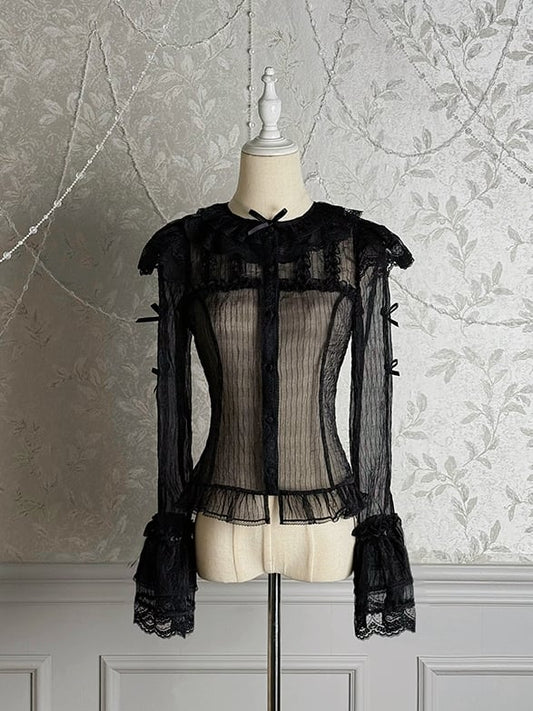 Black Semi-sheer Bowknots Long Sleeves Blouse