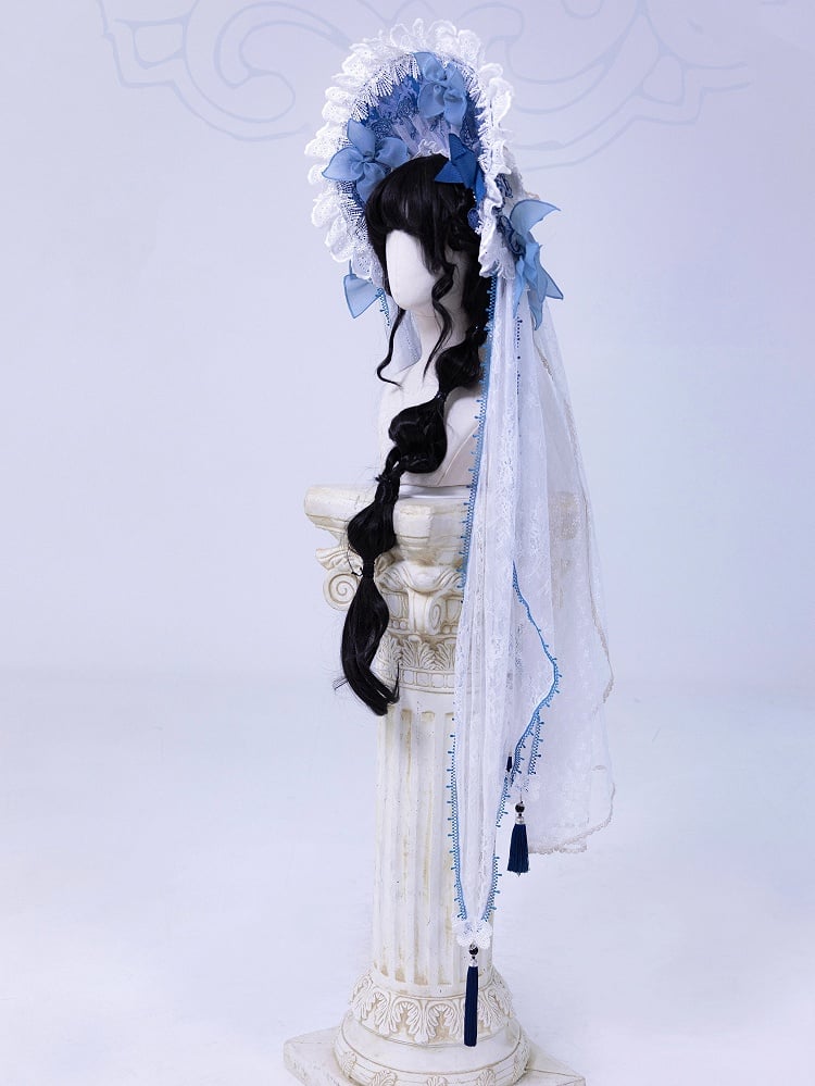 White and Blue Bonnet with Detachable Veil