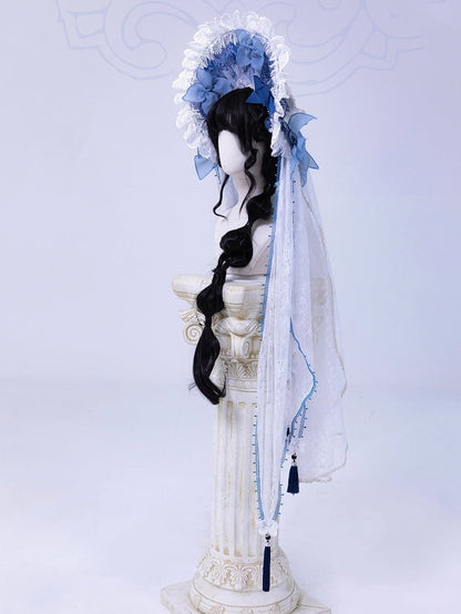 White and Blue Bonnet with Detachable Veil