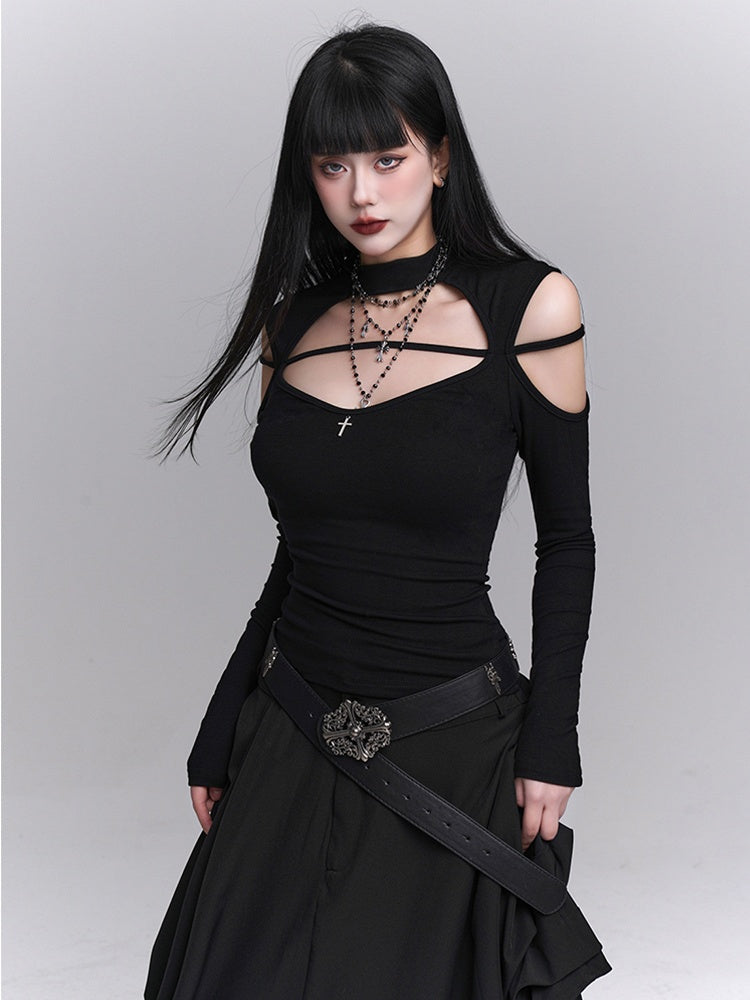Black Crew Neck Cutout Shoulder Cross Embellished Top