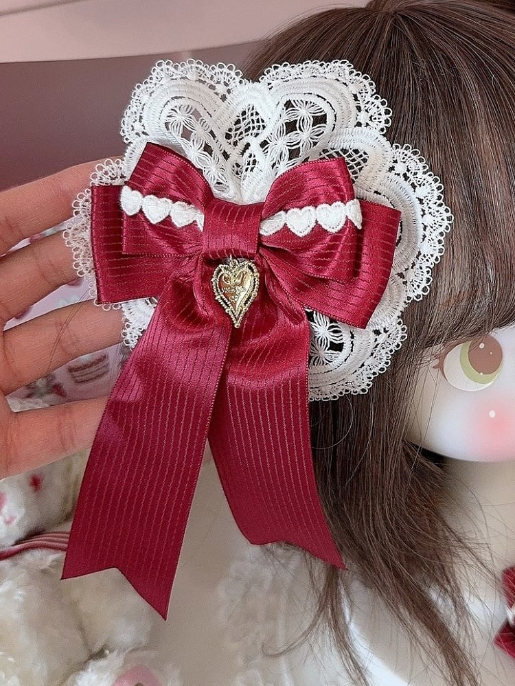 White&Red Heart Charm Lace Detail Bowknot Hairclip