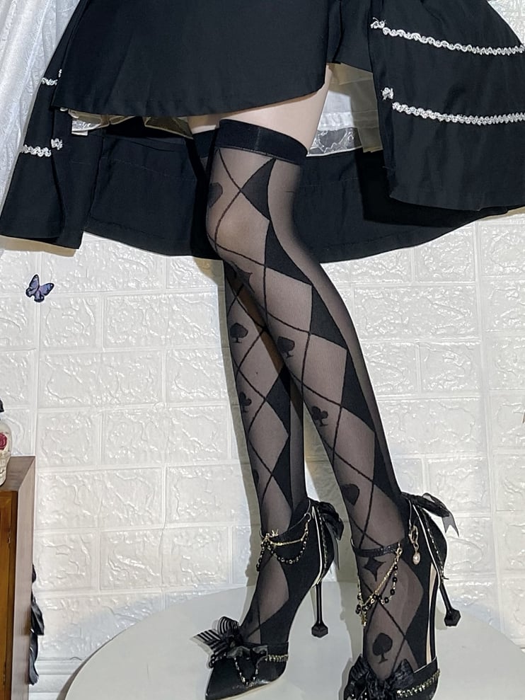 Black/White Diamond and Poker Pattern Alice in Wonderland Vibes Over Knee Stockings