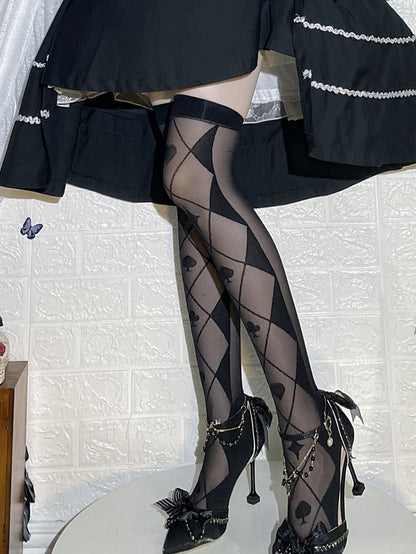 Black/White Diamond and Poker Pattern Alice in Wonderland Vibes Over Knee Stockings