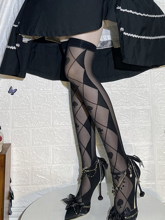 Black/White Diamond and Poker Pattern Alice in Wonderland Vibes Over Knee Stockings