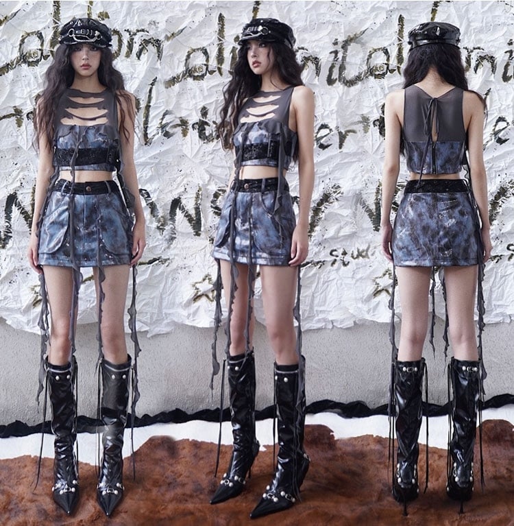 Wasteland Punk Distressed Holes Navy Blue PU Top Tassel Design