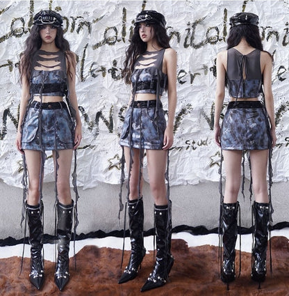 Wasteland Punk Distressed Holes Navy Blue PU Top Tassel Design