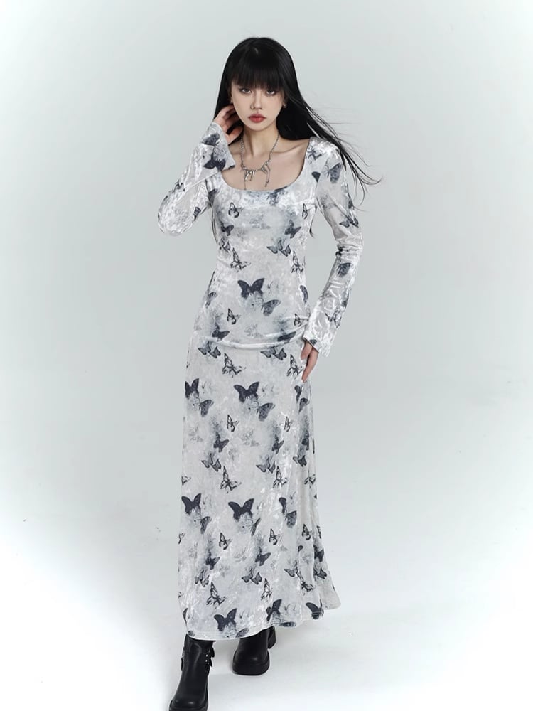 White Velvet Butterfly Print Slim-fitting Dress