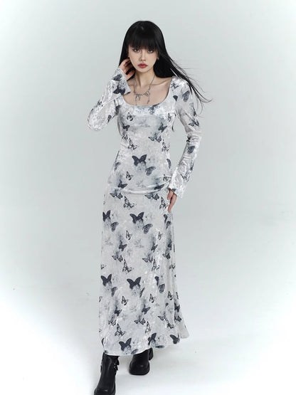White Velvet Butterfly Print Slim-fitting Dress