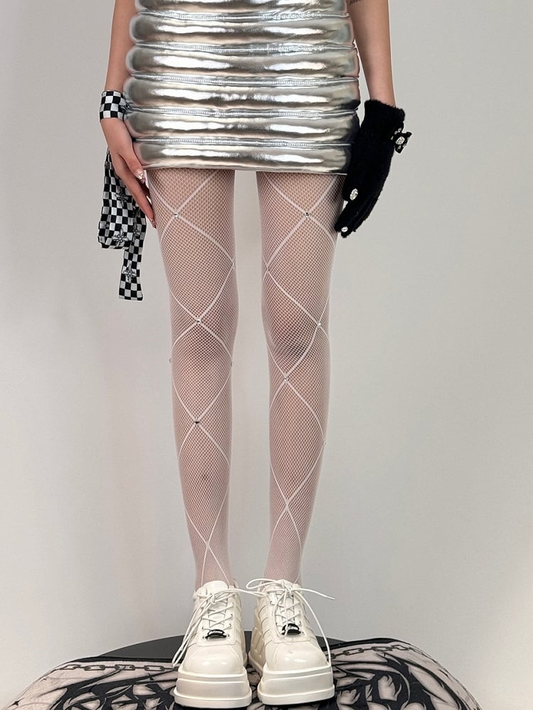 Black/White/Red Rhinestone Decorated Crisscorss Banded Tights