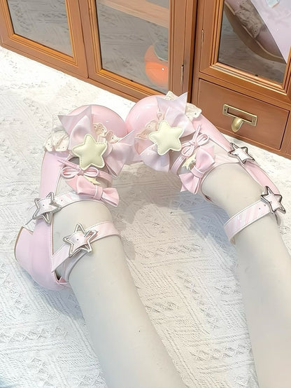 Pink Striped Pattern Bowknot Details Star Buckle Straps Lolita Shoes