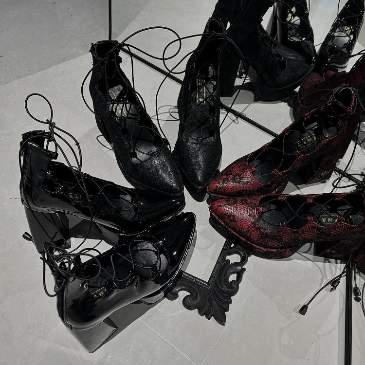 Black Punk Gothic High Block Heels - Black/Red Flower Clips, Back Zip Closures & Crossed Straps