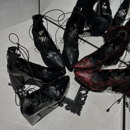 Black Punk Gothic High Block Heels - Black/Red Flower Clips, Back Zip Closures & Crossed Straps