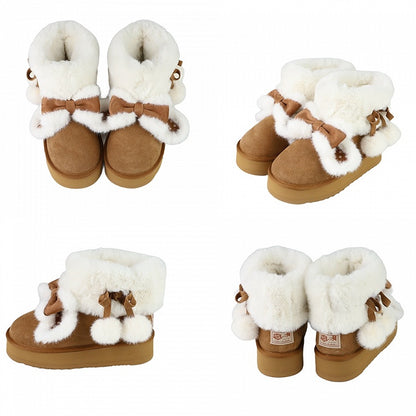 Sweet Light Brown Winter Boots for Lolita - Plush Dot Bunny Accents with Adjustable Pompom Ties