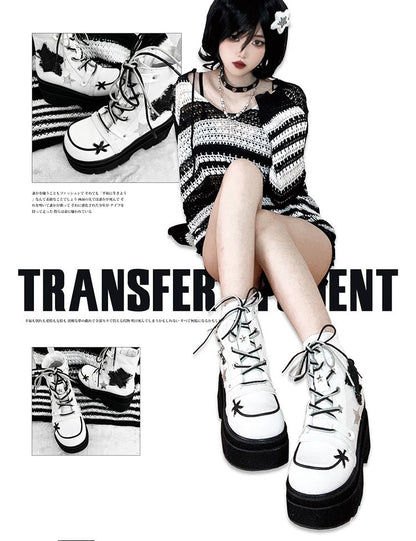 Star Appliques Punk White Denim Platform Ankle Boots