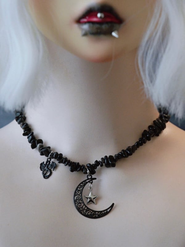 Black Gothic Star And Moon Pendant Crushed Stone Necklace