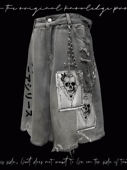 Light Blue Skeleton Appliques Distressed Holes Wasteland Punk Wide-Leg Jeans