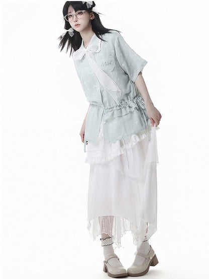 Light Green Drawstring Waist Allover Bowknot Embroidery Short Sleeves Shirt