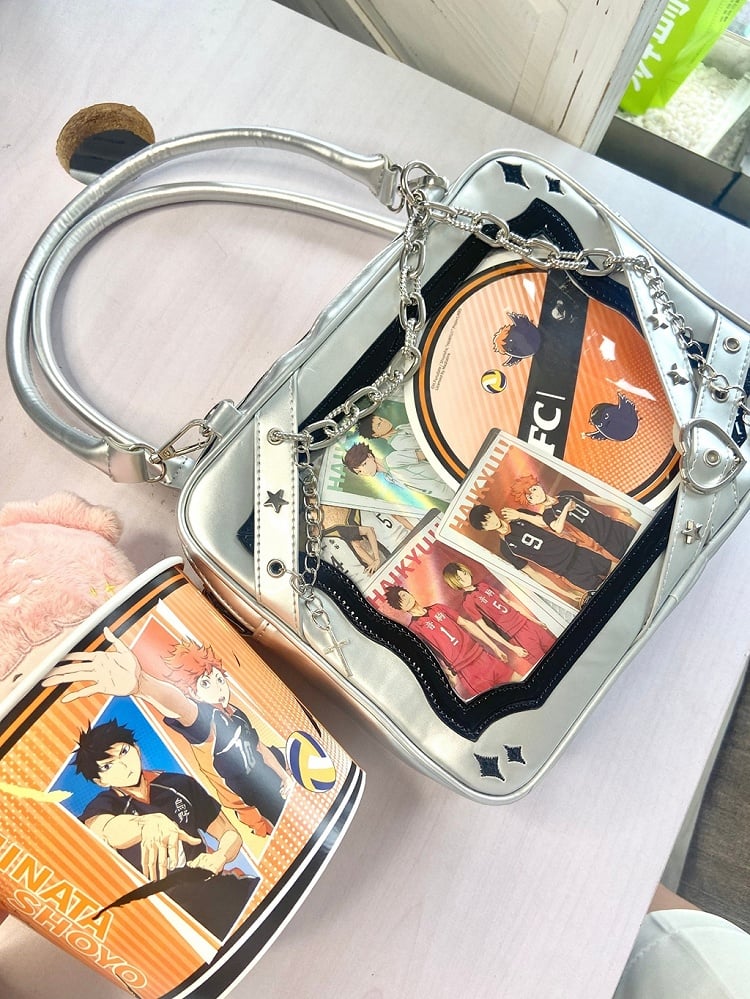 Silver & Black Crisscross Strap Ita Shoulder Bag with Cross Charm Chain