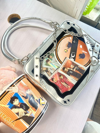 Silver & Black Crisscross Strap Ita Shoulder Bag with Cross Charm Chain