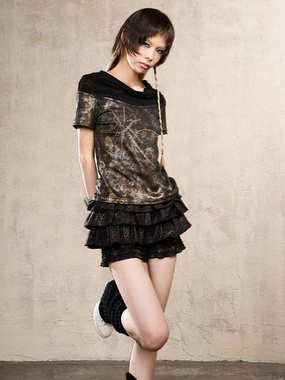 Gyaru Fashion Black Punk Leopard Print Low-Rise Skort with Ruffle Layers & Elastic Waist