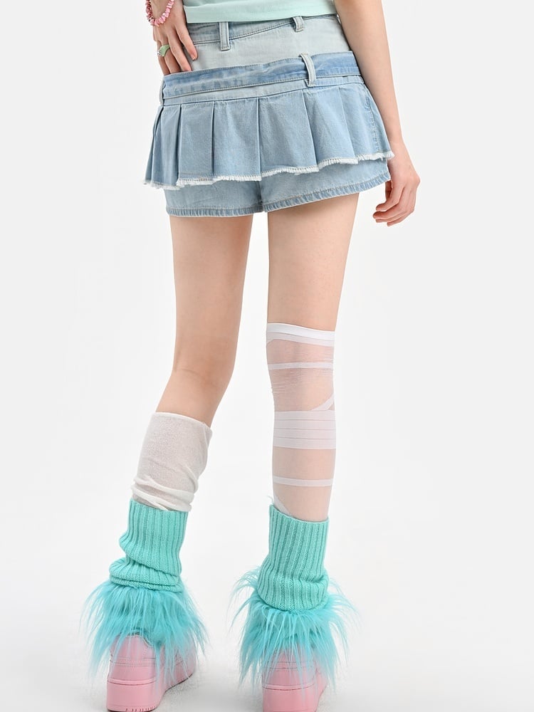 Punk Blue Buckle Straps Raw Hem Denim Glamorous Pleated Skirt