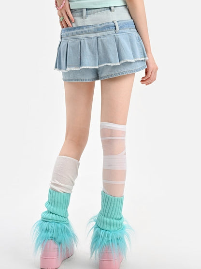 Punk Blue Buckle Straps Raw Hem Denim Glamorous Pleated Skirt