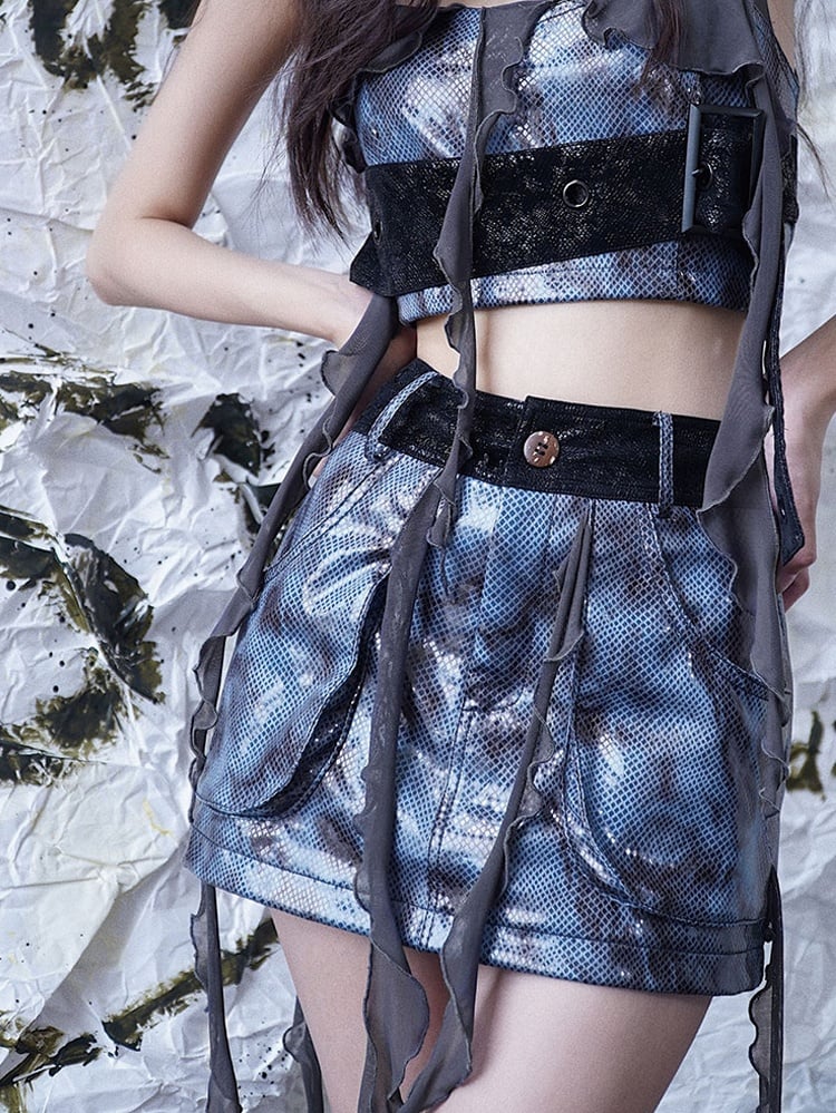 Wasteland Punk Tassel Design Navy Blue PU Skirt