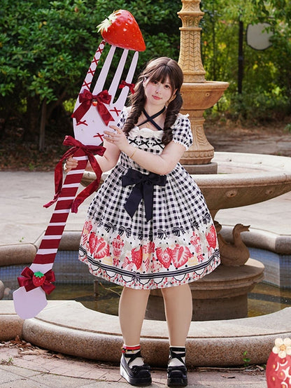 Plus Size Black Bow and Strawberry Print Lolita Gingham Dress