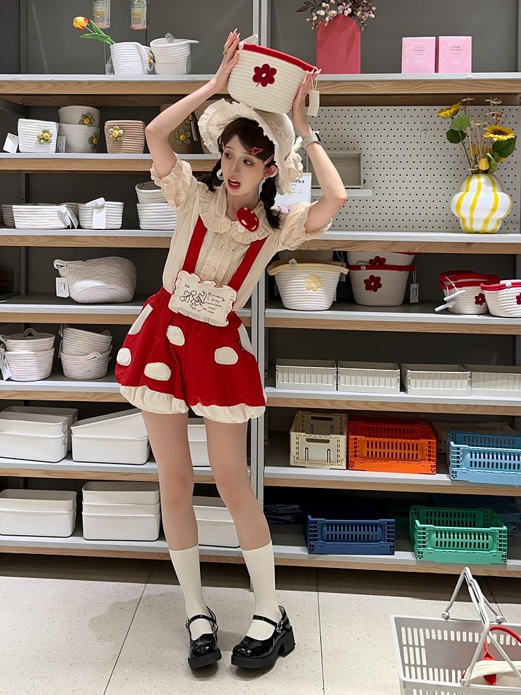 Fleece White Spot Applique Red Sweet Lolita Mushroom Bubble Short with Detachable Straps