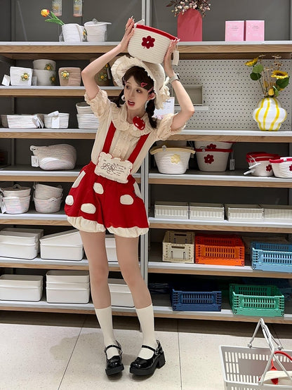 Fleece White Spot Applique Red Sweet Lolita Mushroom Bubble Short with Detachable Straps