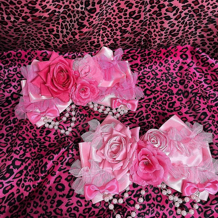 Pink / Rose Red Y2K Showa Hime Gyaru Fashion Rose Hair Clip with Beaded Chain