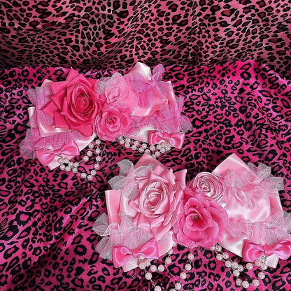 Pink / Rose Red Y2K Showa Hime Gyaru Fashion Rose Hair Clip with Beaded Chain