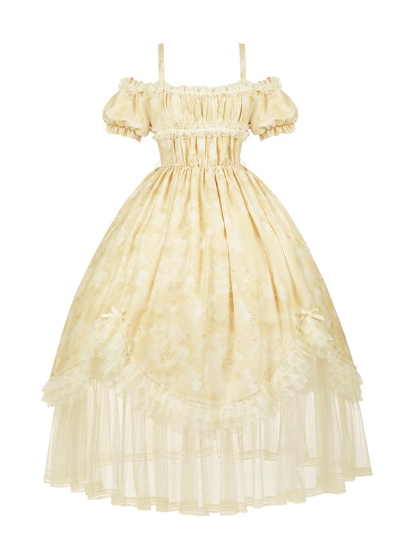 Butterfly and Bows Print Light Yellow Versatile Neckline High Waist Lolita Dress
