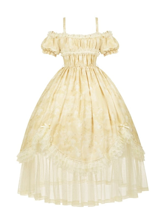 Butterfly and Bows Print Light Yellow Versatile Neckline High Waist Lolita Dress