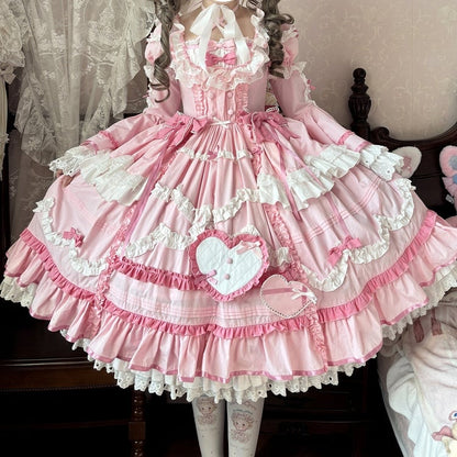 Clearance-Size M for Bust 88-103CM Pink Gorgeous Old School Princess Lolita Cotton Dress+ Sleeves