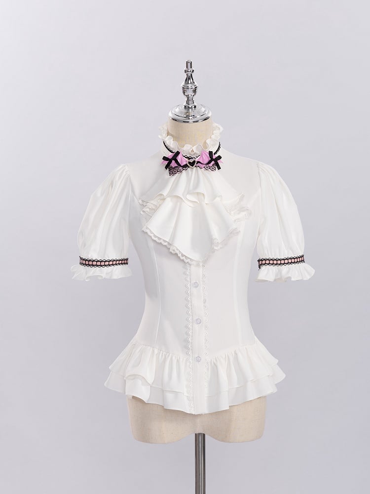 White Ruffled Neckline and Cuffs Short Sleeves Shirt