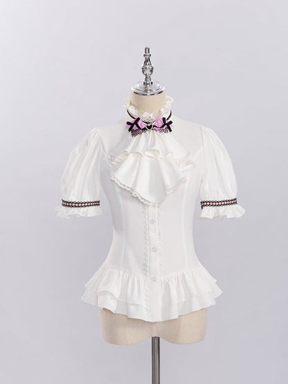 White Ruffled Neckline and Cuffs Short Sleeves Shirt