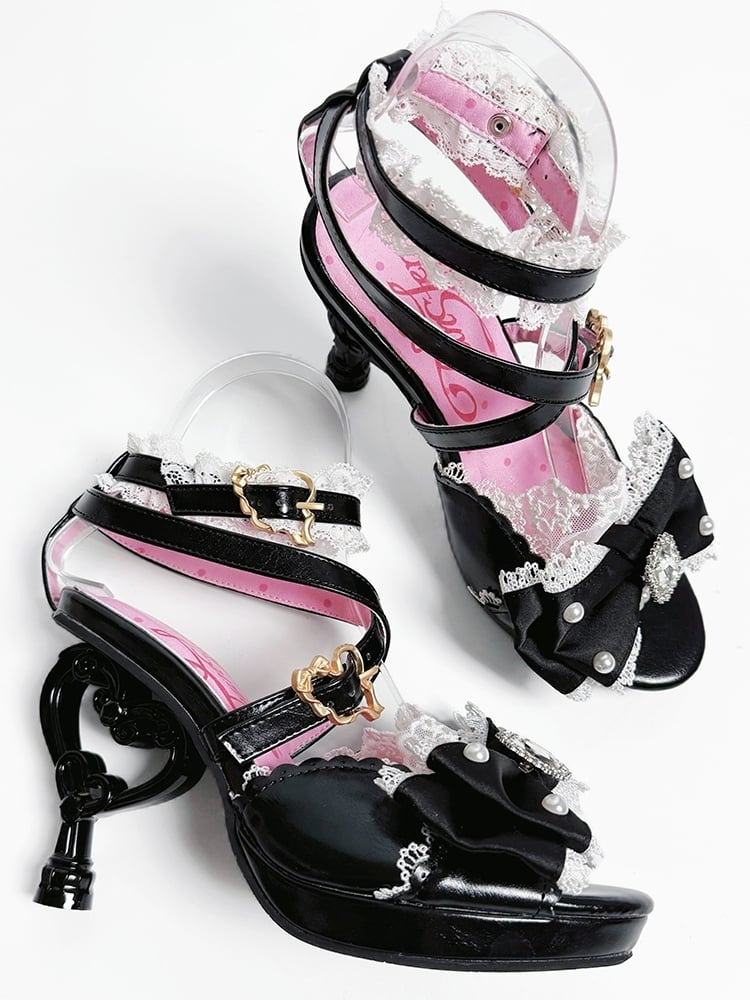 Black Gyaru Fashion Heart-shaped High Heels Sandals