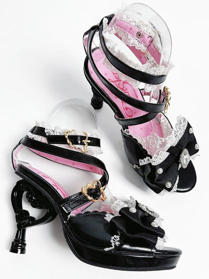 Black Gyaru Fashion Heart-shaped High Heels Sandals