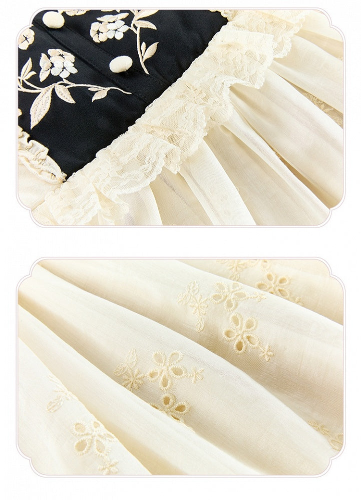 Beige Floral Embroidery Bodice Long Sleeves Lolita Dress Plush Neckline and Cuffs