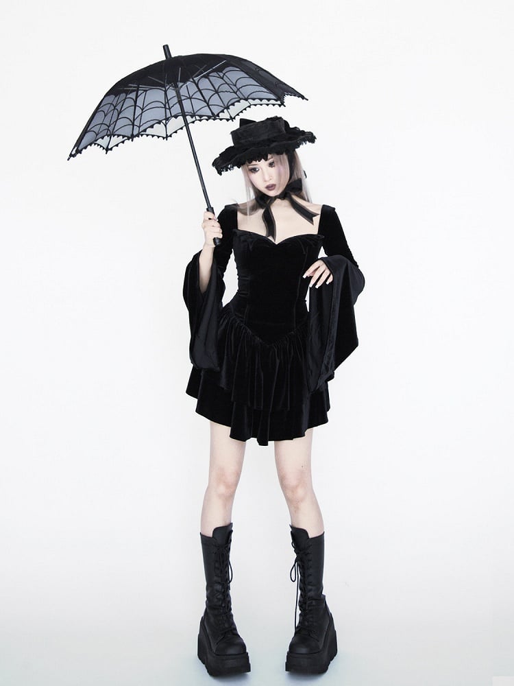 Gothic Black Velvet Bell Sleeves  Tiered Skirt Witch Dress