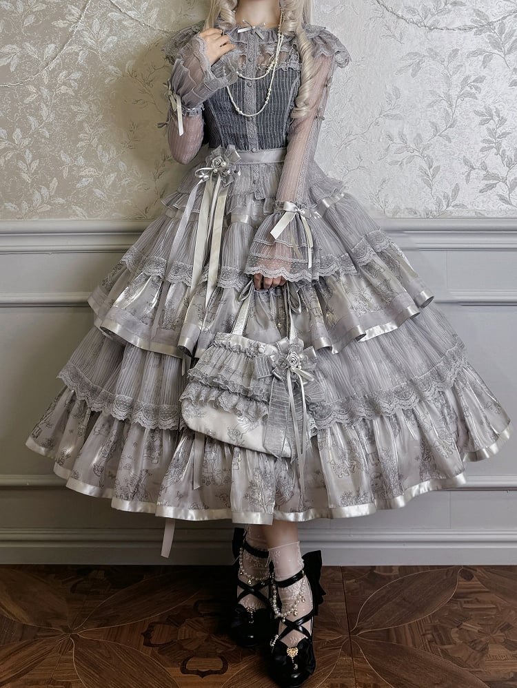 Silver Gray Bunny and Kitty Print Lolita Tiered Skirt