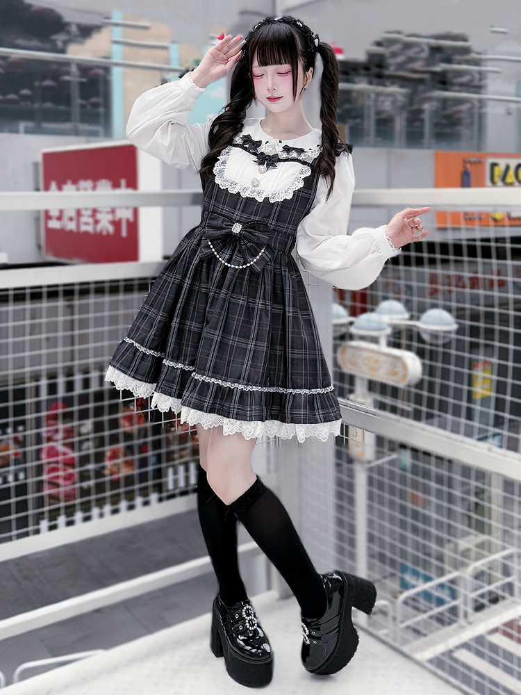 Vintage Academia Dress: Jirai Kei Gray Plaid with Peter Pan Collar & Big Waist Bow