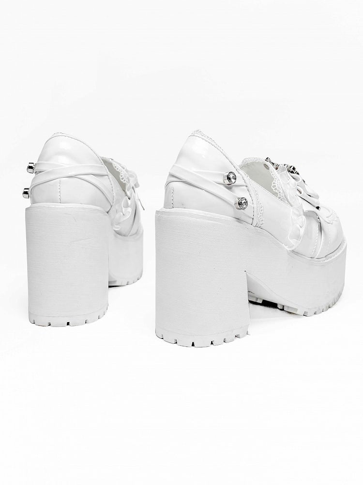 Polished White Jirai Kei Rhinestone Decorated Bow at Top Lace Trim Platform High Block Heels Slipons