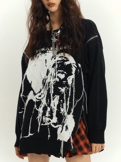 Black Punk Rock Zips Design Loose Round Neck Sweater