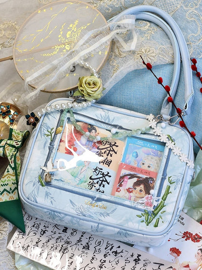 Light Blue Bamboo Leaf Pattern Cheongsam Style Ita Shoulder Bag with Detachable Beaded Chain