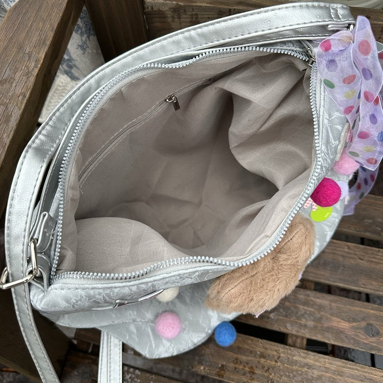 Silver Y2K Plush Teddy Bear Backpack/Shoulder Bag - Sweet-Edgy & Spacious for Commutes