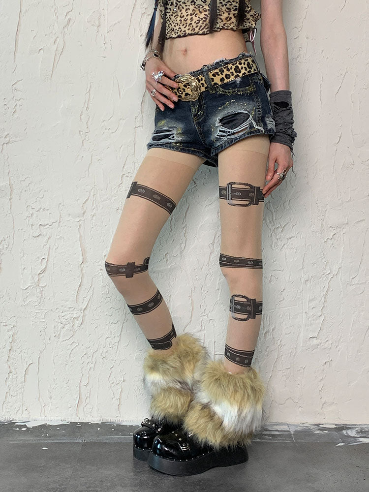 Nude Punk Buckle Straps Print Tights＋White&Brown Shaggy Leg Warmers Set